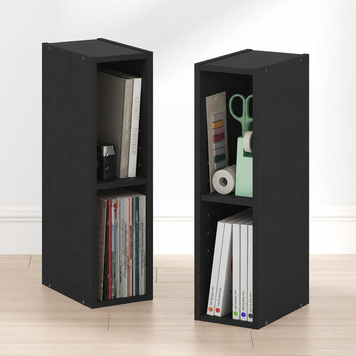 Fulda Book Shelf Set of 2, 2-Tier Narrow Bookshelf, 6" W, Blackwood