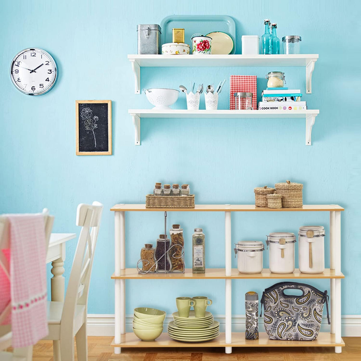 TURN-N-TUBE Storage Shelves, 3-Tier 47.4 Wide Book Shelf, Corner Shelf, Toolless Open Shelves, for Organization and Storage, Living Room, Garage, Home Office, Beech