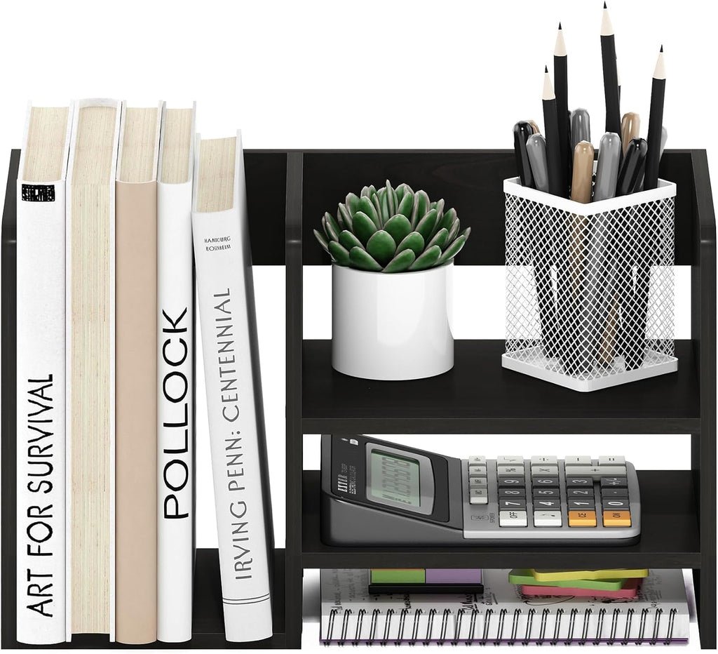 Hermite Wood Desktop Book and Home Office Supplies Storage Organizer, Espresso