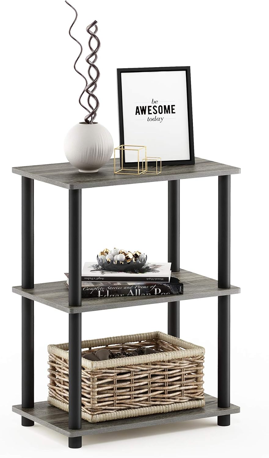 Turn-N-Tube No Tool 3-Tier Storage Shelf, Narrow, French Oak Grey/Black