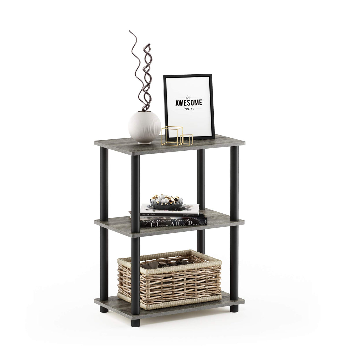 99152BE/WH/IV 3-Tier Go Green Multipurpose Storage Rack Shelving Unit Bookshelf Cabinet with 2 Bins, Beech Finish
