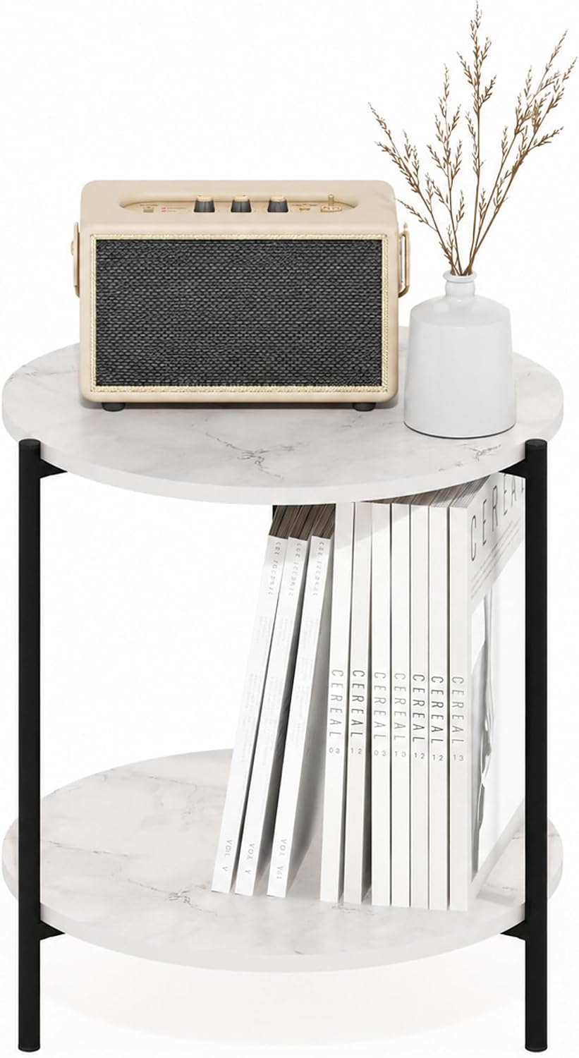 Besi 2-Tier Wide Round Side Table with Metal Legs, Metal Frame, White End Table, Night Stand, Bedside Table with Open Shelf, for Living Room, Bedroom, Light Marble