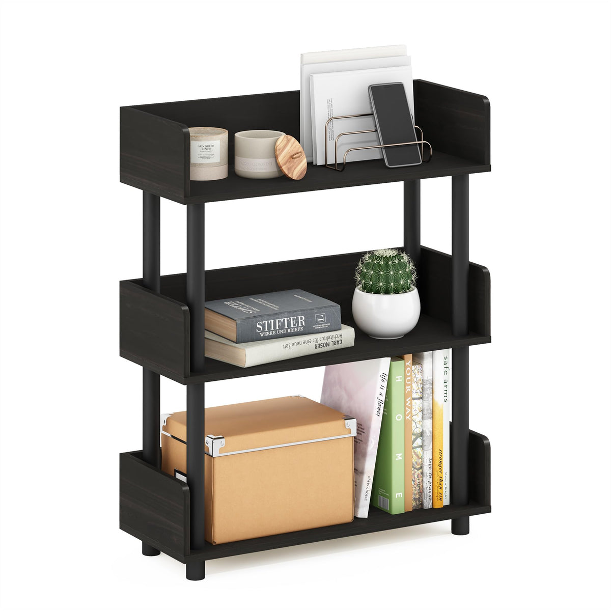 99152BE/WH/IV 3-Tier Go Green Multipurpose Storage Rack Shelving Unit Bookshelf Cabinet with 2 Bins, Beech Finish