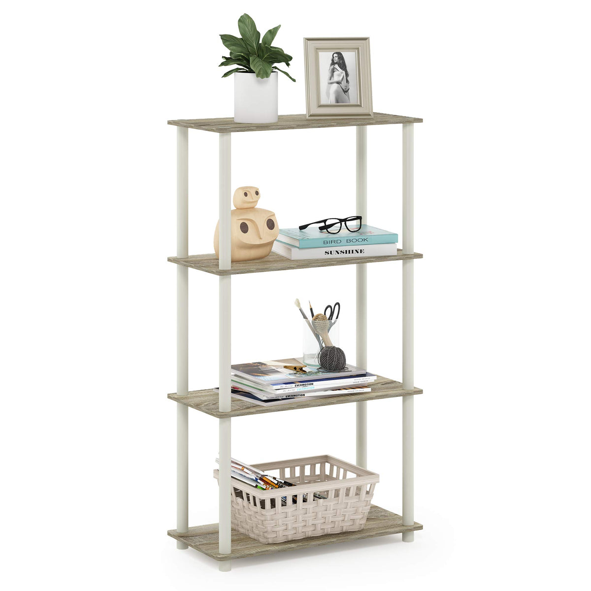 99152BE/WH/IV 3-Tier Go Green Multipurpose Storage Rack Shelving Unit Bookshelf Cabinet with 2 Bins, Beech Finish