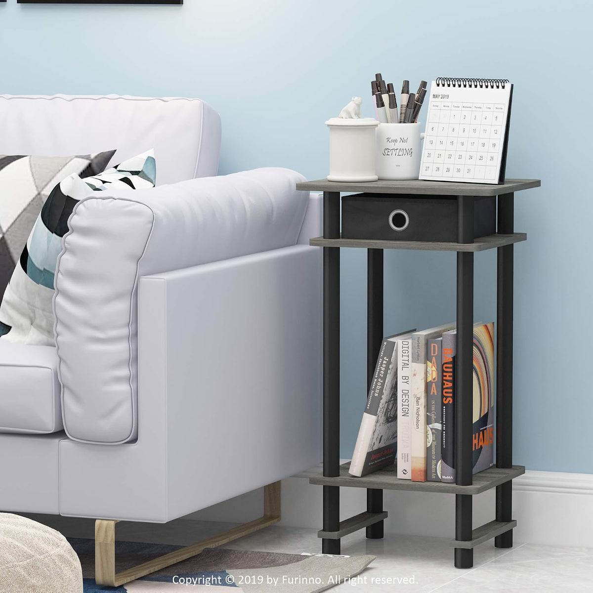 Turn-N-Tube Set of 2 Toolless 3-Tier Side Table, Grey Oak
