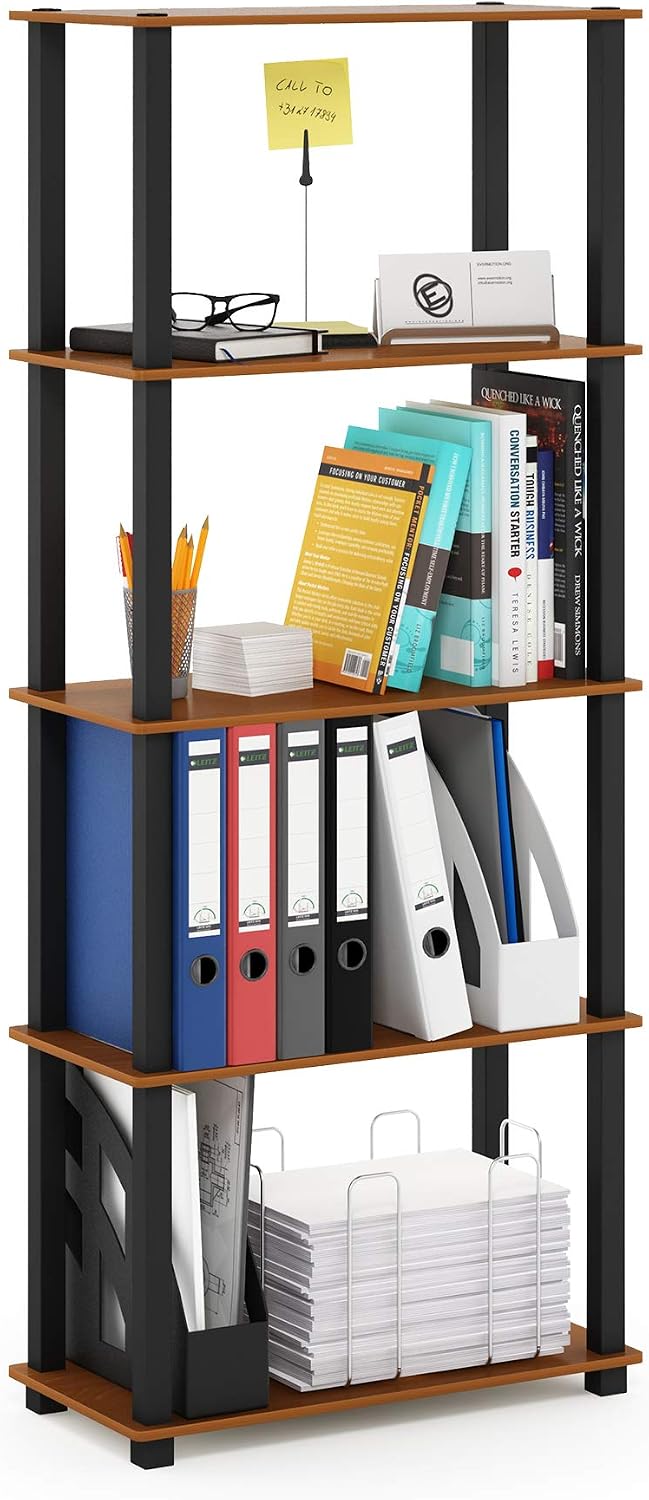 Turn-S-Tube Toolless Assembly 5-Tier Oak Storage Shelves with Square Tubes, Shelving Unit for Organization and Storage for Living Room, Home Office, Light Cherry Oak