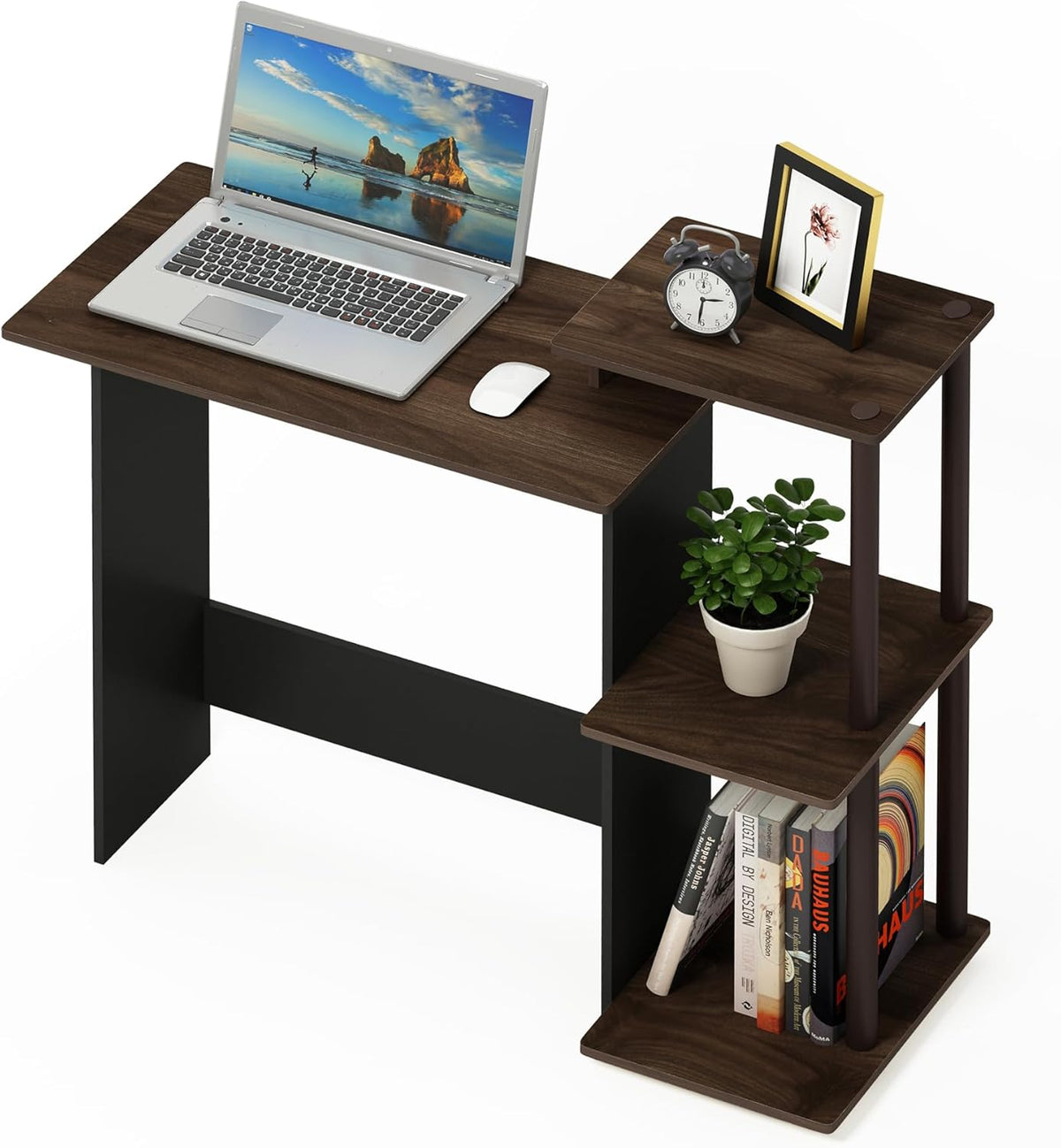 EFFICIENT Desk, 28.6" Wide Gaming Desk with 3 Open Side Shelves, Laptop Notebook Computer Desk, Office Desk for Home Office, Study Room, Dorm, Bedroom, Columbia Walnut