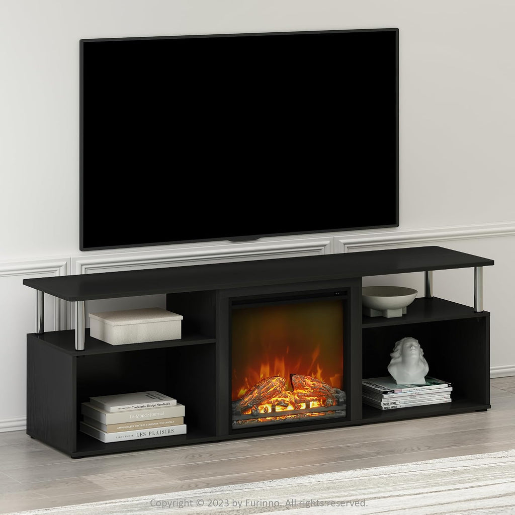 Jensen Fireplace TV Stand, NO Heat Decorative Electric Fireplace TV Stand for TV up to 70 Inch, with Open Storage, for Living Room, Americano/Stainless Steel