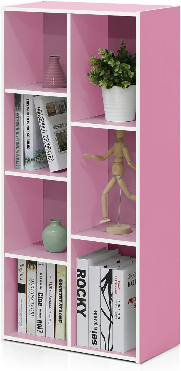 LUDER Book Shelf, 7-Cube Bookshelf, Bookcase with Open Shelves, 9.4 x 19.5 x 41.7, Easy Assembly, for Living Room, Bedroom, Home Office, White/Pink