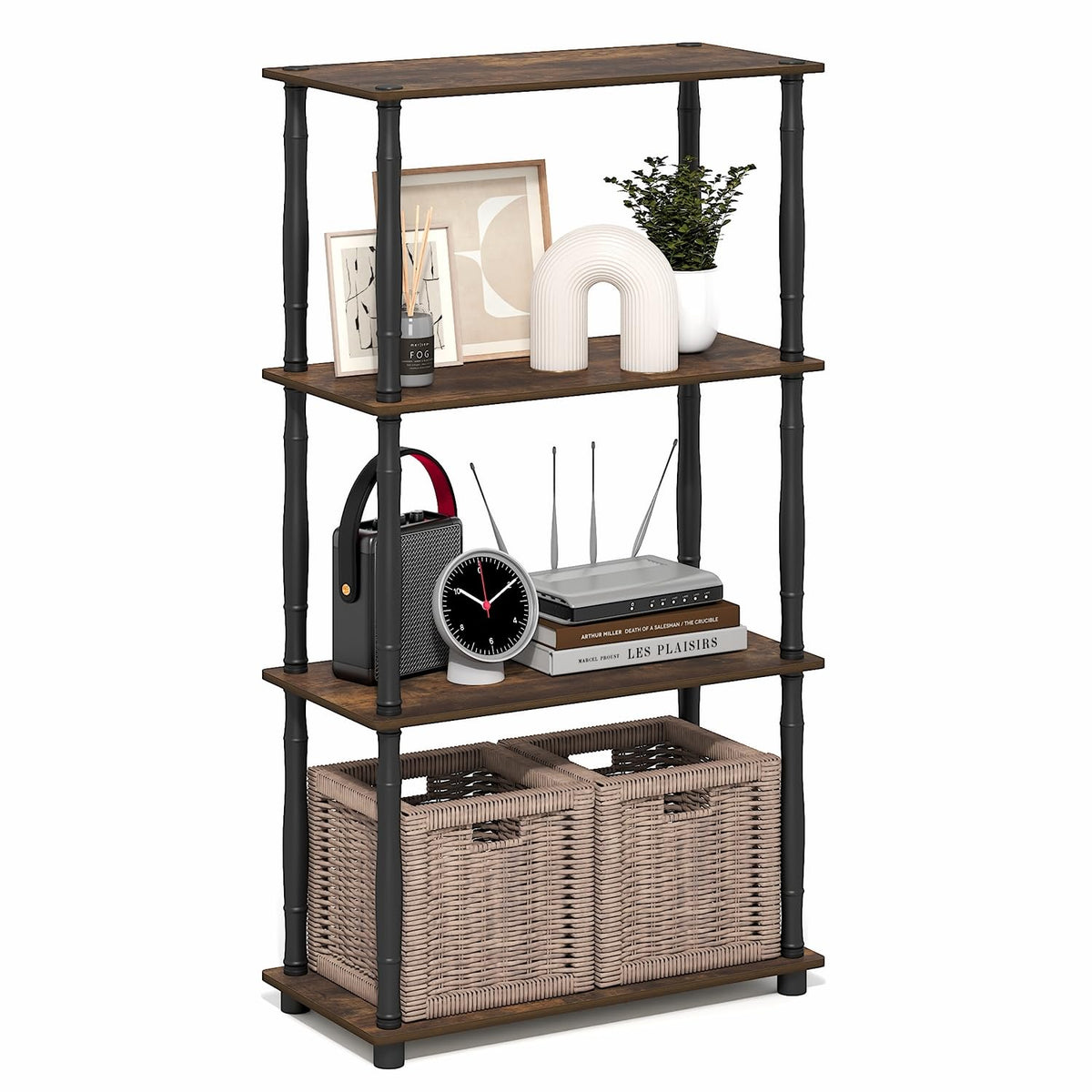 99152BE/WH/IV 3-Tier Go Green Multipurpose Storage Rack Shelving Unit Bookshelf Cabinet with 2 Bins, Beech Finish