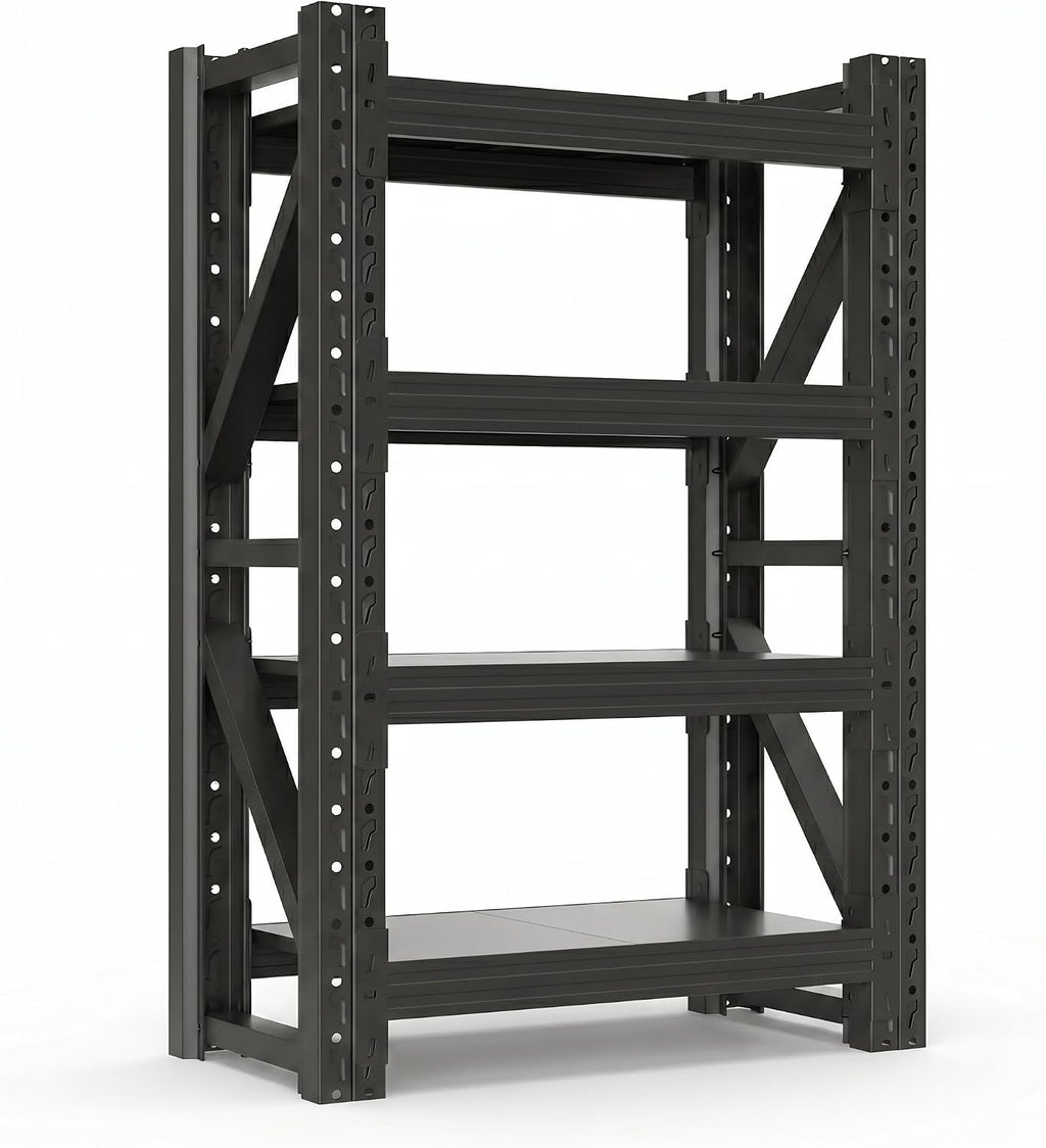 Heavy Duty Garage Shelving, Tool-Free Boltless Assembly, 7-Layer Rust-Resistant Coating, 6000LBS/Unit, Patented Dual-Chamber Beam, Expandable, Adjustable 4-Tier Rack (Black, 48 * 24 * 71inch)