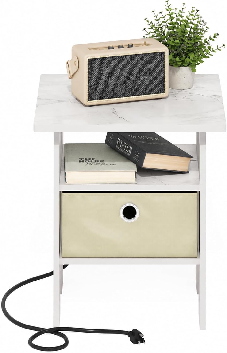 Andrey Side Table, Charging Station End Table, Light Marble/Ivory