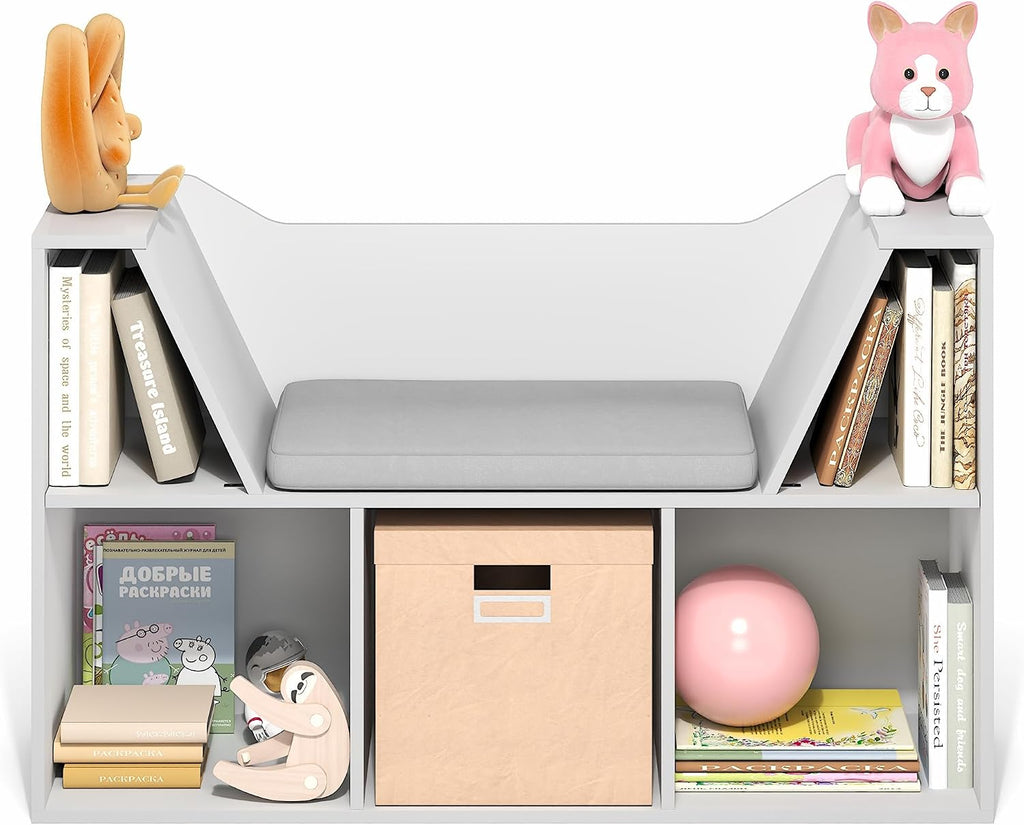 LOVA Book Shelf with Reading Nook, 5-Cube Bookshelf with 22.4" Wide Seat Cushion, Reading Nook, Organizers and Storage with Bench, for Bedroom, Living Room, White
