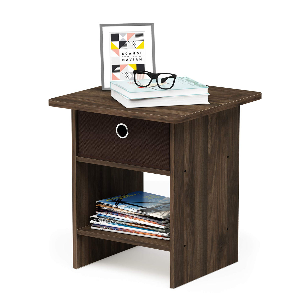 Andrey Set of 2 End Table / Side Table / Night Stand / Bedside Table with Bin Drawer, Dark Brown/Black