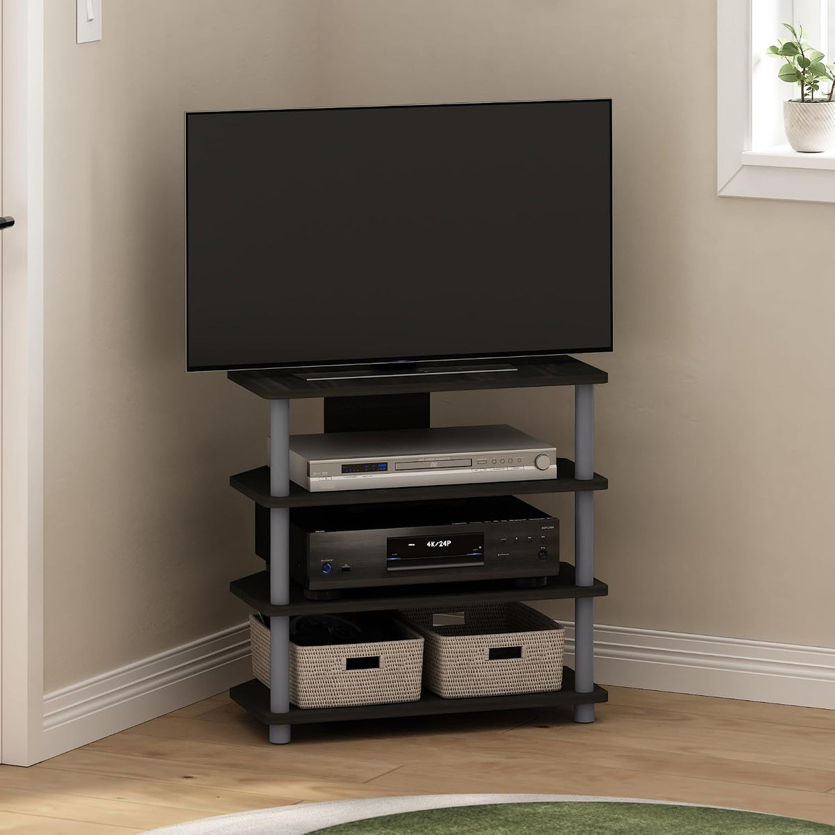 Turn-N-Tube Easy Assembly 4-Tier Petite Entertainment Center / TV Stand / TV Unit / TV Desk, Espresso/Grey
