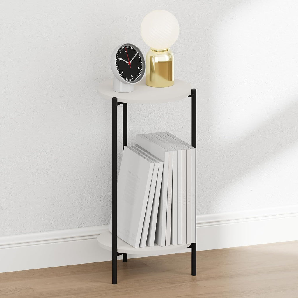 BESI Night Stand, 2-Tier Tall Round Nightstand, Metal Frame Narrow End Table with Open Shelf, Side Table, Bedside Table, for Bedroom, Closet, Dorm, White