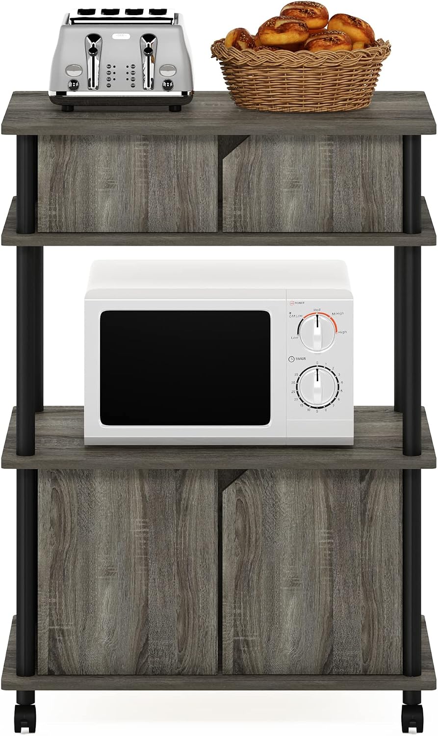 Turn-N-Tube Kitchen Storage Cart with Cabinet and Lockable Wheels, French Oak Grey/Black