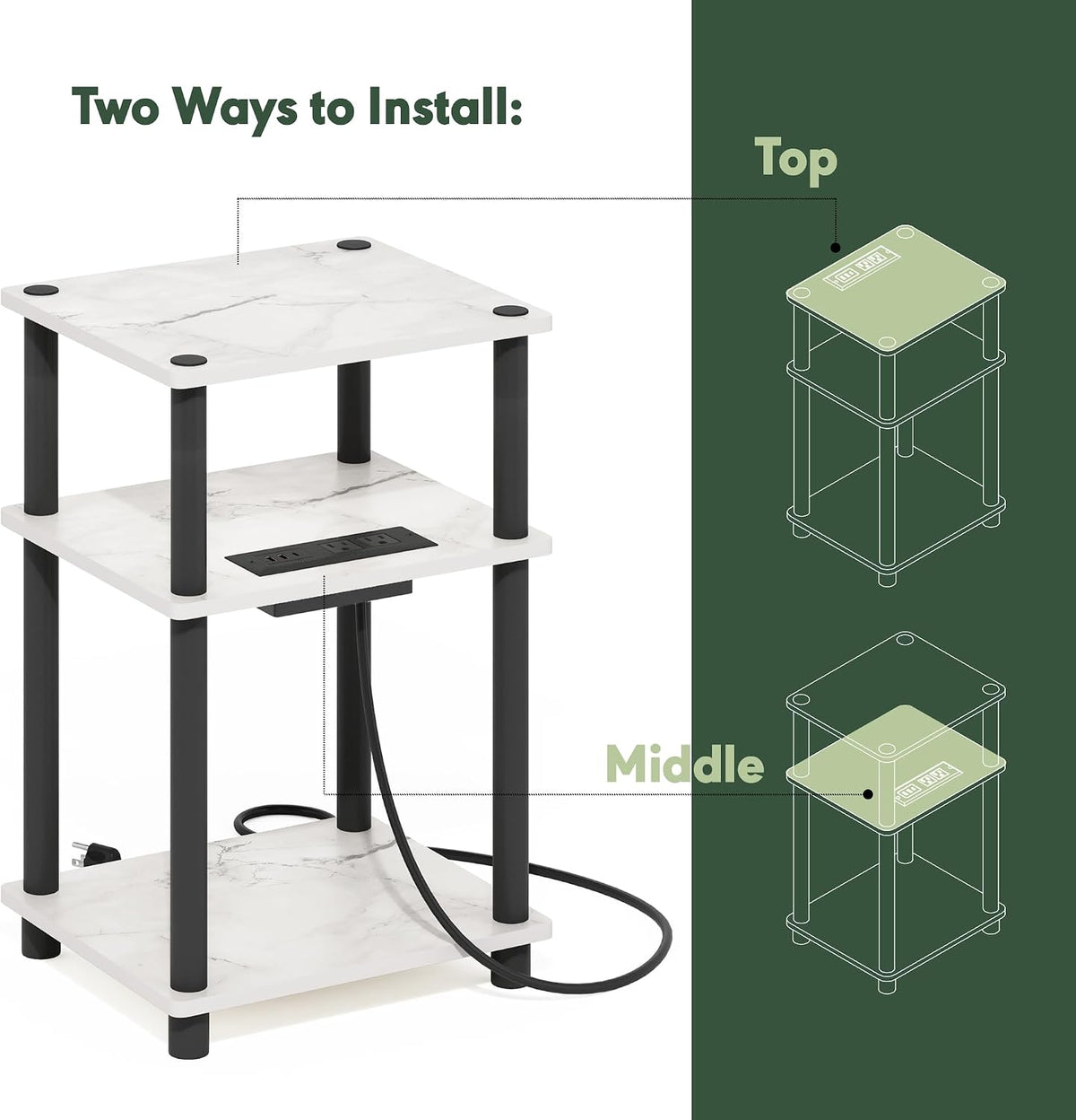 JUST 3-Tier Night Stand with Charging Station, Marble White