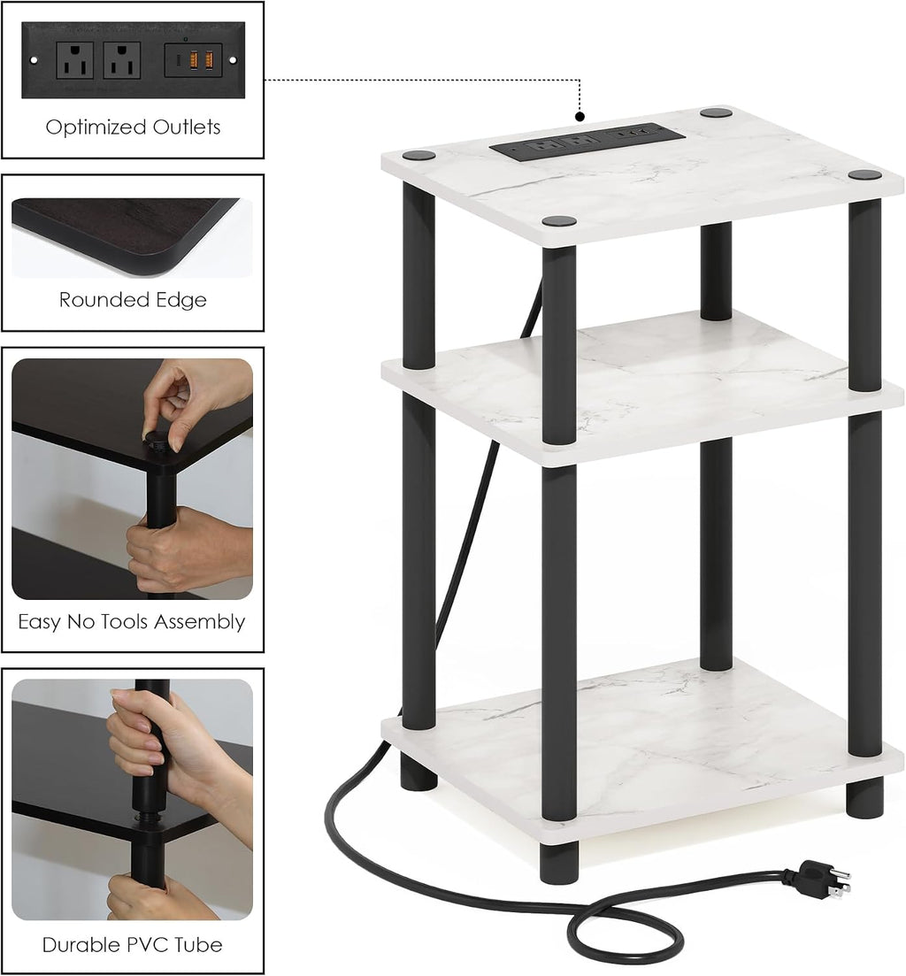 JUST Side Table Set of 2, 3-Tier Modern End Table with Charging Station, Open Shelf Night Stand, Bedside Table with USB and Type-C Port, for Living Room, Bedroom, Marble White