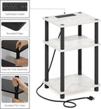 JUST Side Table Set of 2, 3-Tier Modern End Table with Charging Station, Open Shelf Night Stand, Bedside Table with USB and Type-C Port, for Living Room, Bedroom, Marble White