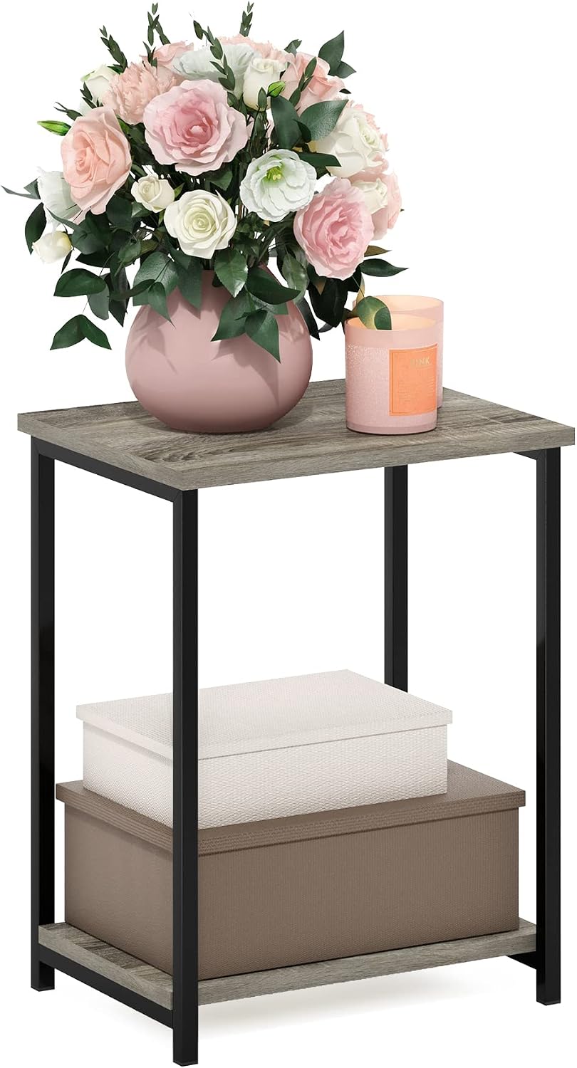 Simplistic 2-Tier Side Table, Metal Frame End Table, Grey Oak