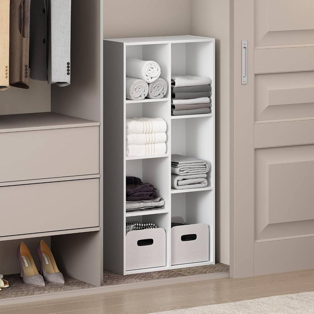 Reed Closet Organizers and Storage, 7-Cube Closet Organizer, Open Shelf Closet Storage, for Wardrobe, Bedroom, Living Room, White