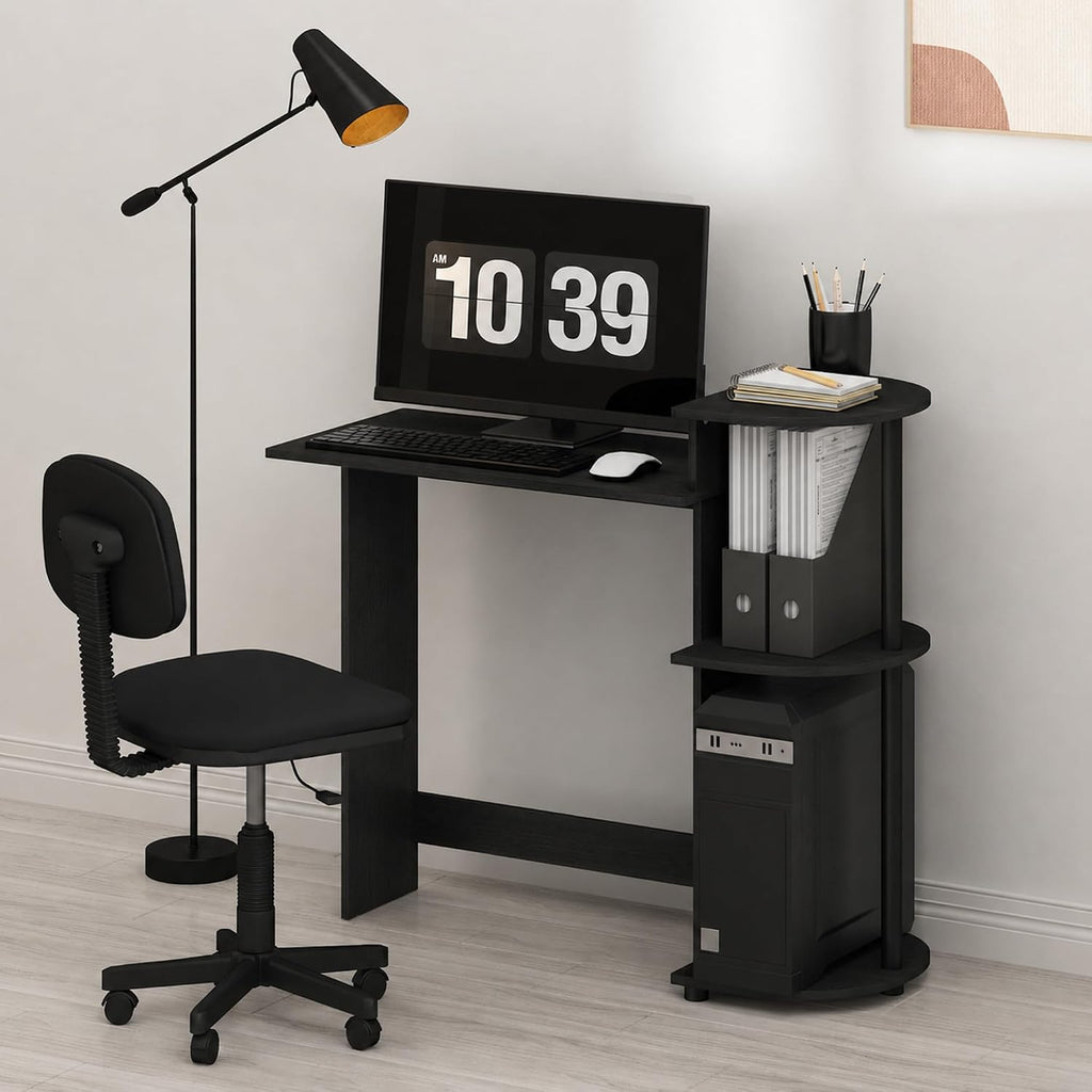 COMPACT Desk, 28.5" Wide Gaming Desk with Shelves, Computer Desk with Book Shelf, Office Desk for Home Office, Study Room, Dorm, Bedroom, Americano