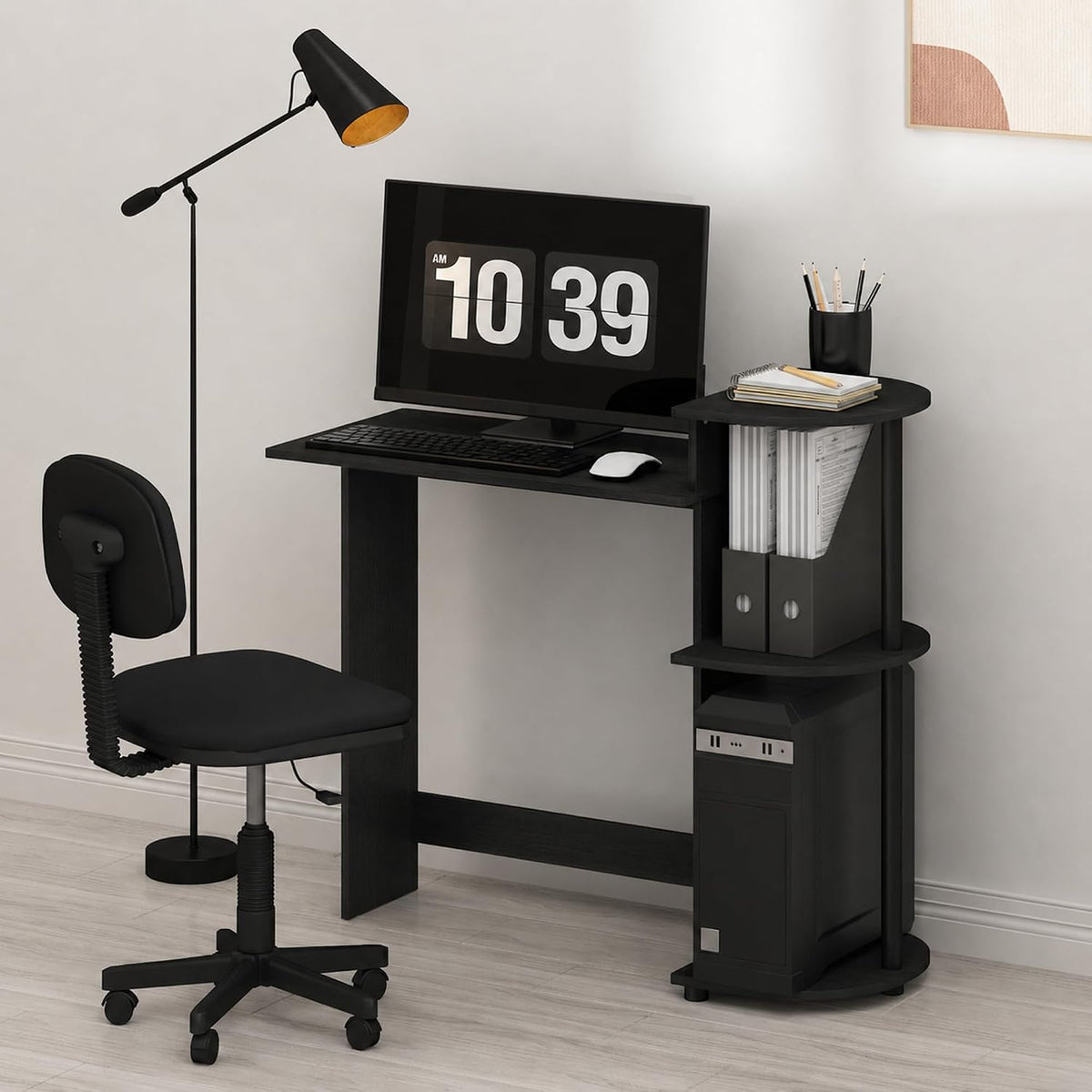 COMPACT Desk, 28.5" Wide Gaming Desk with Shelves, Computer Desk with Book Shelf, Office Desk for Home Office, Study Room, Dorm, Bedroom, Americano