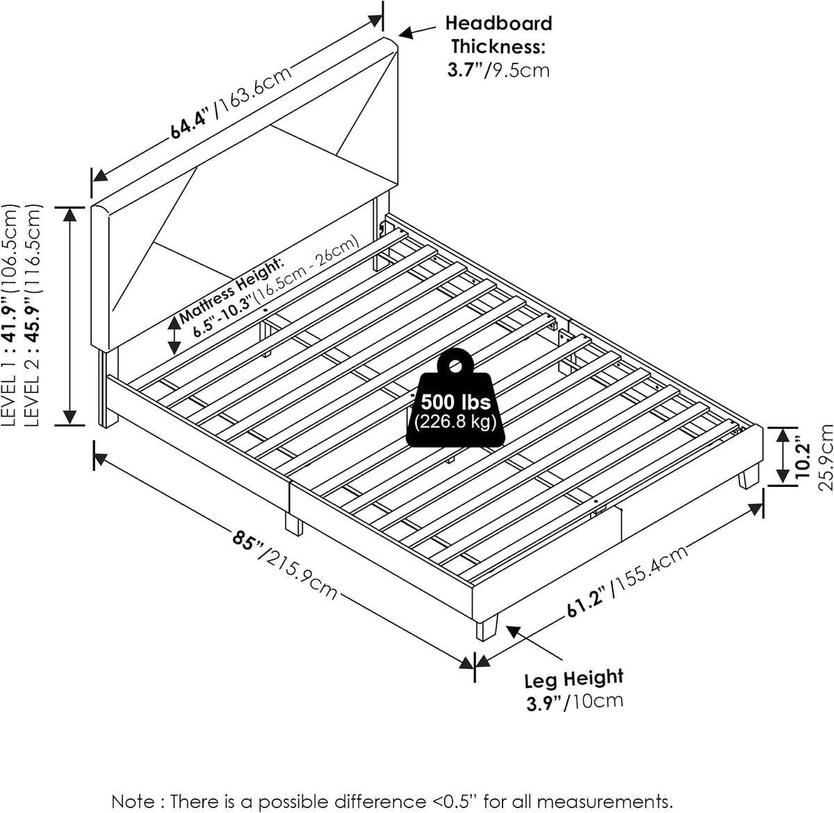 Skylar Bed Frame, Queen Size Bedframe with Geometric Design Upholstered Headboard, Bed with Adjustable Headboard, No Box Spring Needed, 12pcs Wooden Slat Support, for Bedroom, Dorm, Glacier