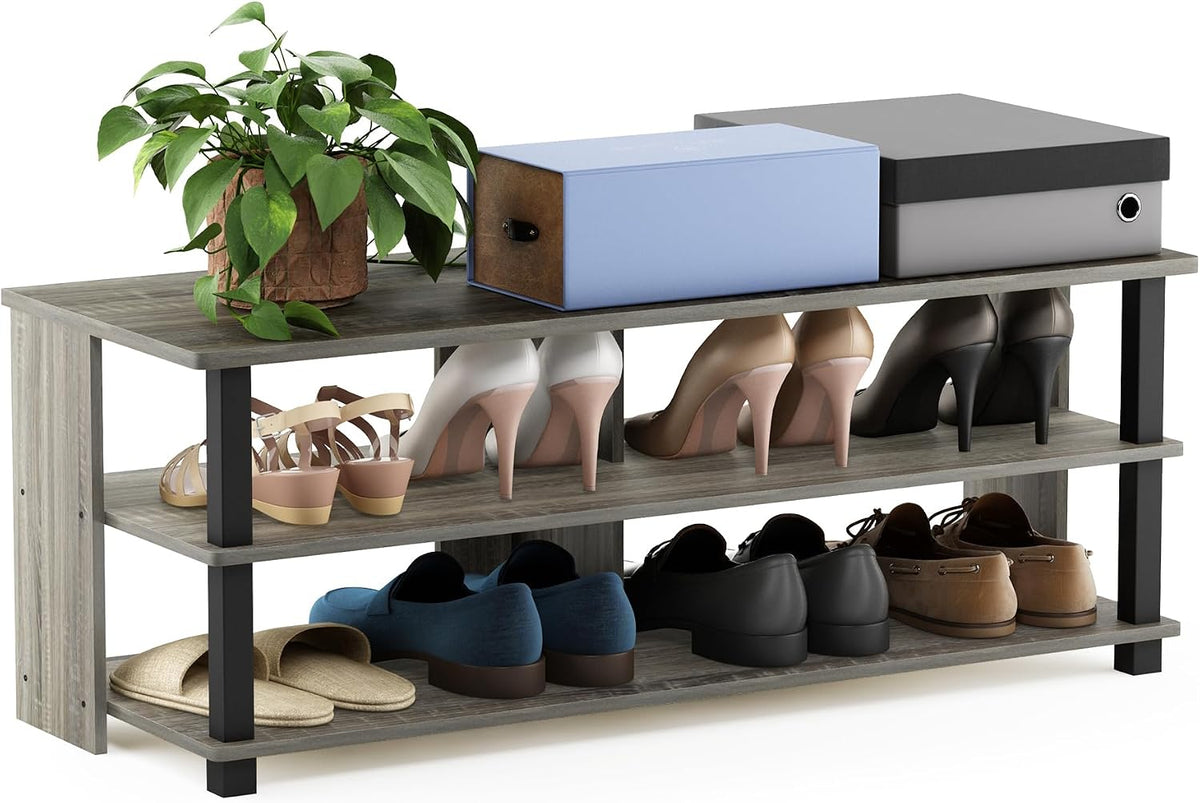 Turn-N-Tube Shoe Rack, 3-Tier Shoe Organizer, Compact Shoe Storage with Open Shelves, 15.5 x 41.1 x 15.8, Easy Assembly, for Closet Entryway, Office, Garage, French Oak/Black
