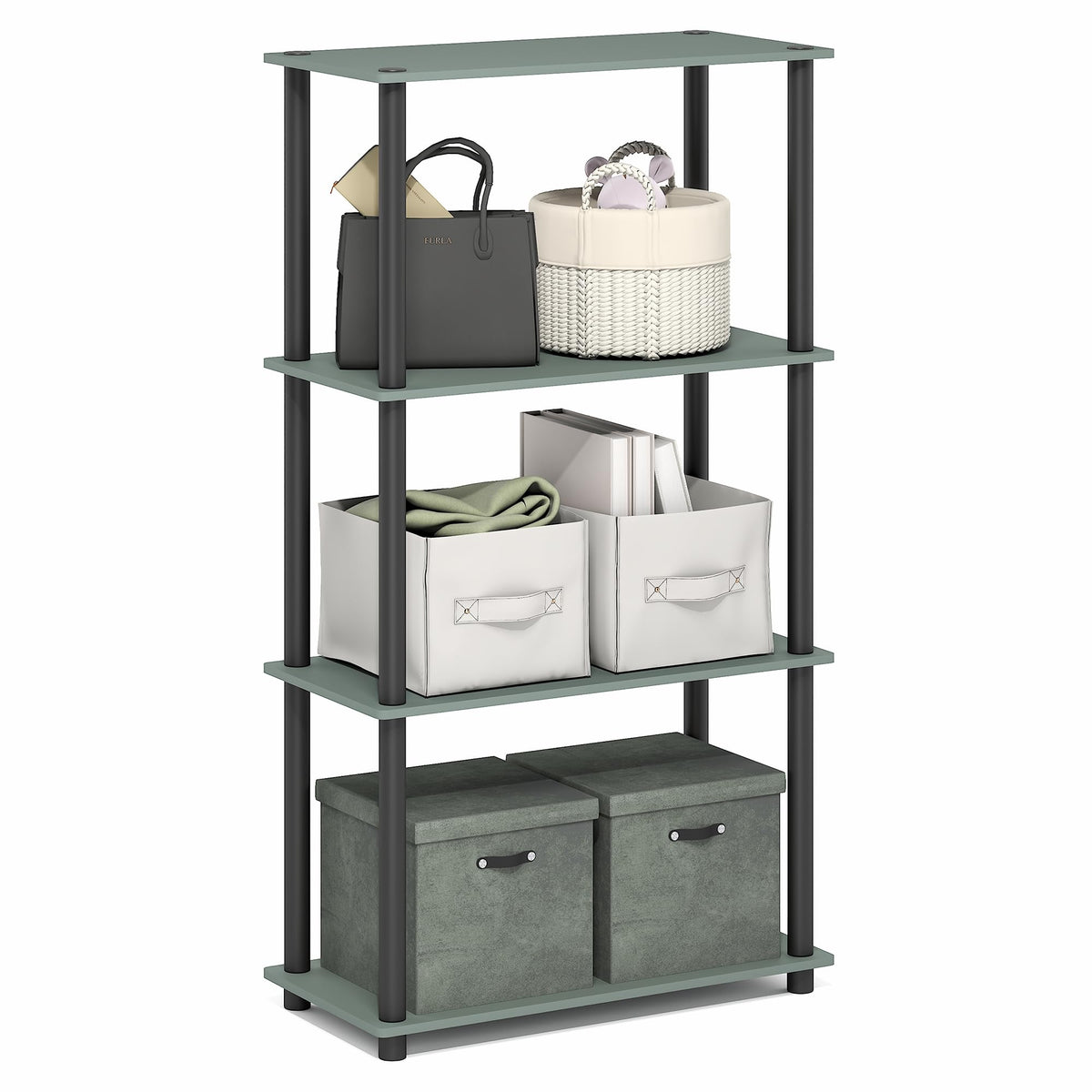 99152BE/WH/IV 3-Tier Go Green Multipurpose Storage Rack Shelving Unit Bookshelf Cabinet with 2 Bins, Beech Finish