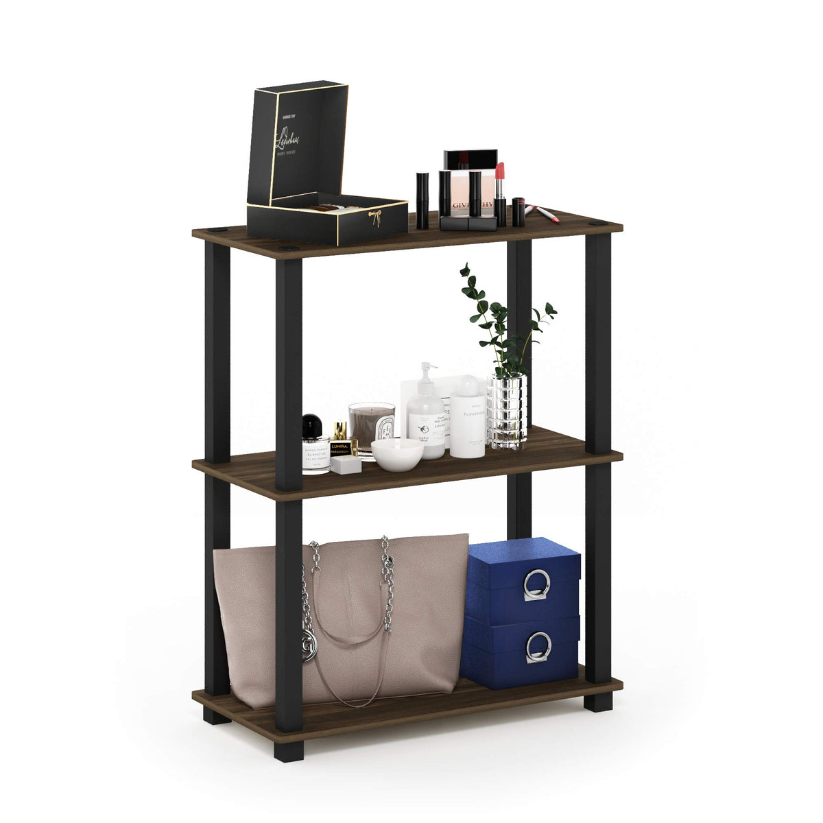99152BE/WH/IV 3-Tier Go Green Multipurpose Storage Rack Shelving Unit Bookshelf Cabinet with 2 Bins, Beech Finish