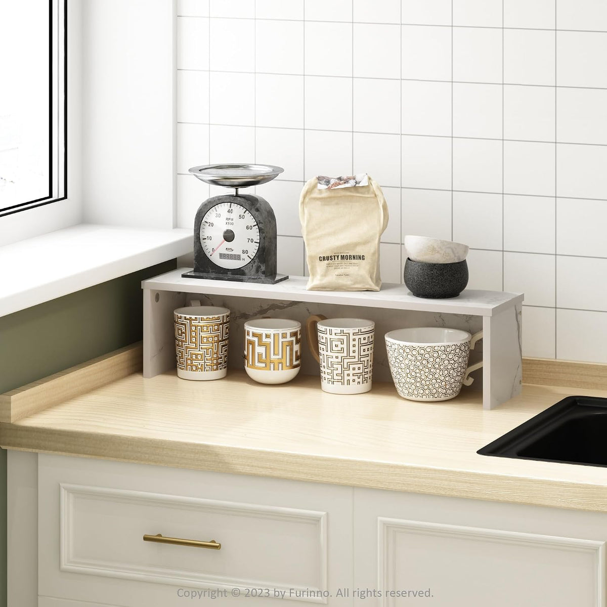 Helena Kitchen Counter Stackable Organizer Shelf, Set of 1, 23-Inch, Marble White