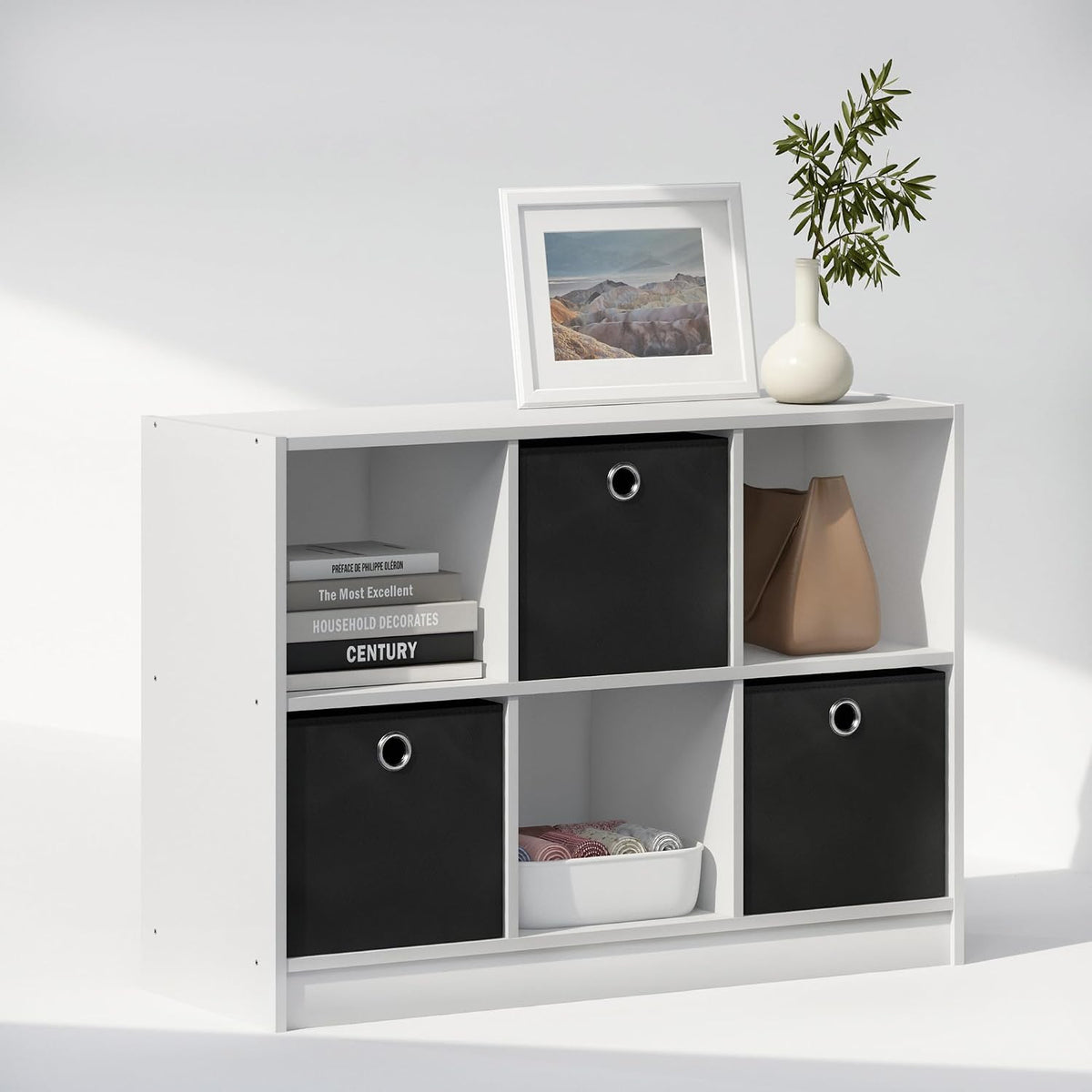 Cubic Closet Organizers and Storage, 6-Cube Closet Organizer with Bins, Open Shelf Storage, for Wardrobe, Bedroom, Living Room, White