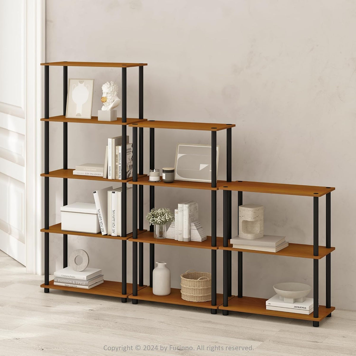 Turn-N-Tube Book Shelf, 4-Tier Bookshelf, Bookcase with Multipurpose Compact Display Rack, 11.6 x 23.6 x 43.2, for Living Room, Bedroom, Home Office, Light Cherry/Black