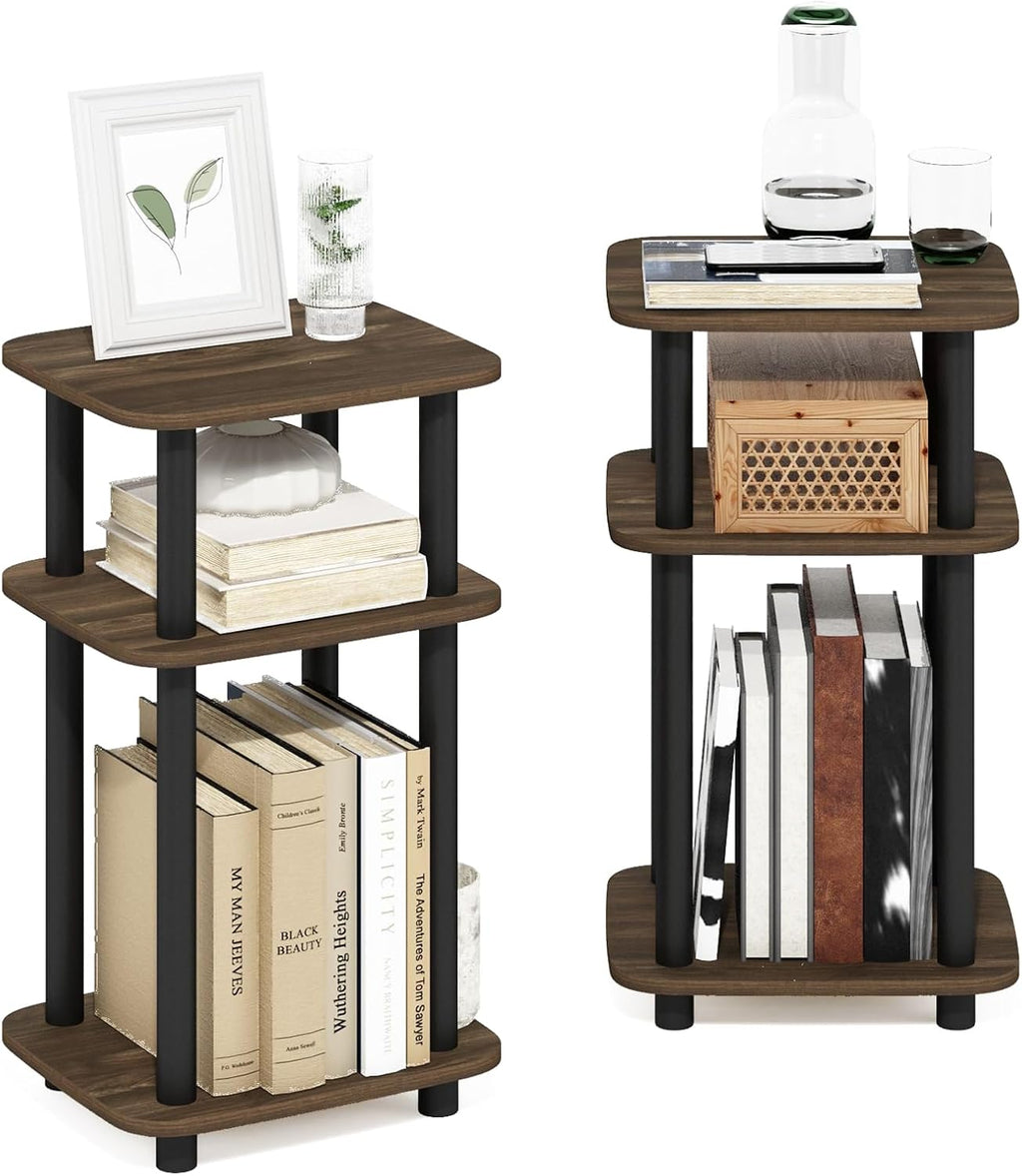 JUST 3-Tier Telephone Table Set of 2, Turn-N-Tube Toolless Side Table with Open Shelf, Round Curve Corner Night Stand, Bedside Table, for Living Room, Bedroom, Columbia Walnut