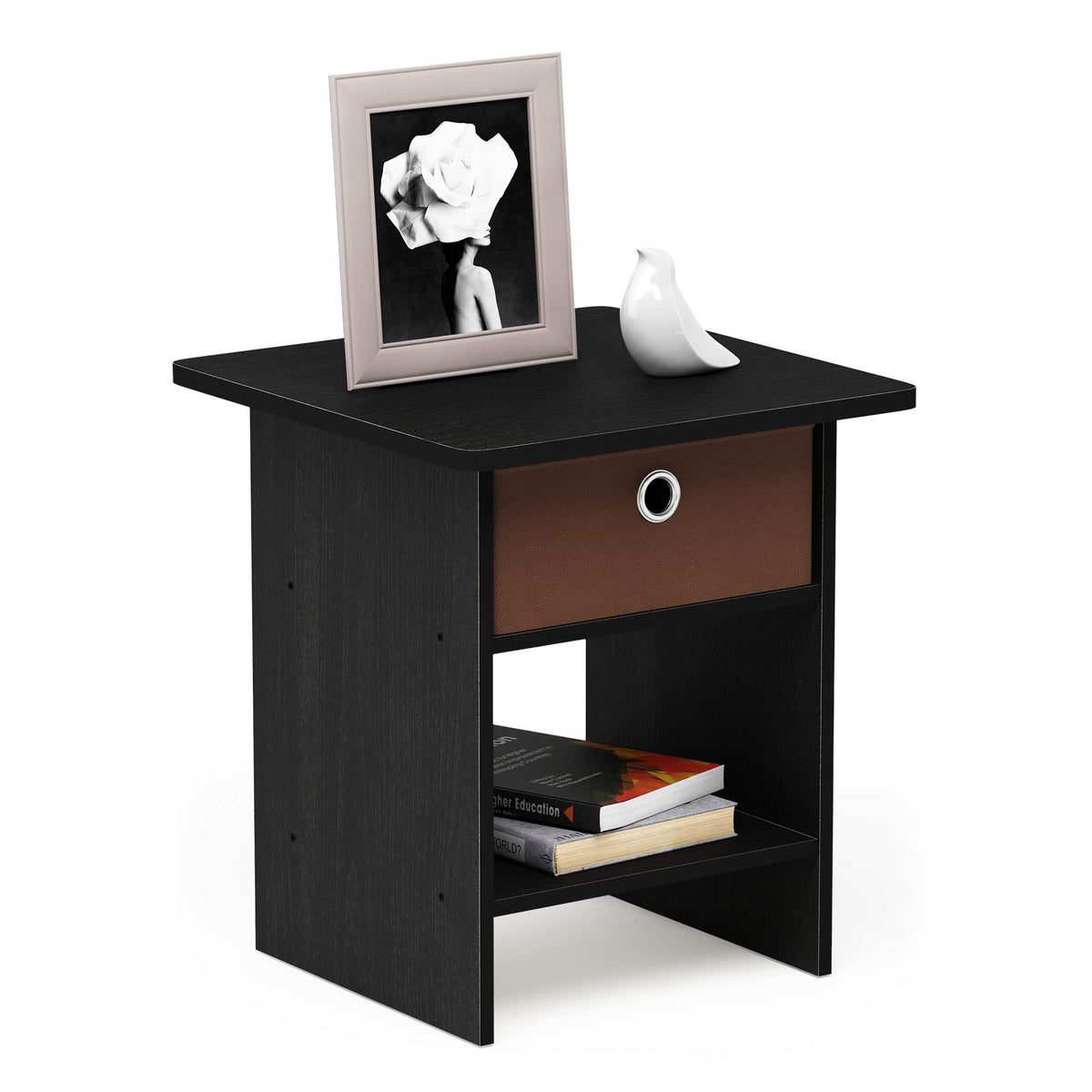 Andrey Set of 2 End Table / Side Table / Night Stand / Bedside Table with Bin Drawer, Dark Brown/Black