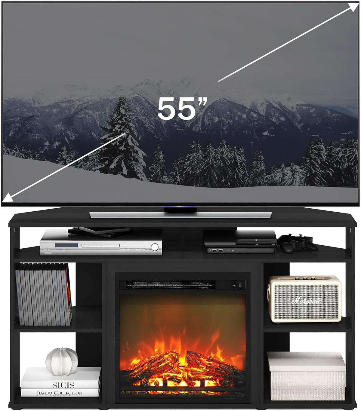 Jensen Corner TV Stand with Fireplace for TV up to 55 Inches, Americano