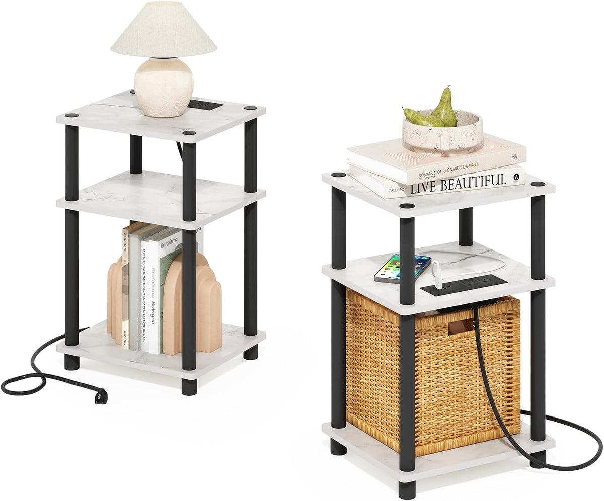 JUST Side Table Set of 2, 3-Tier Modern End Table with Charging Station, Open Shelf Night Stand, Bedside Table with USB and Type-C Port, for Living Room, Bedroom, Marble White