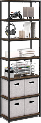Simplistic Book Shelf, 7-Tier Bookshelf, Metal Frame Bookcases, Metal Storage Shelves, Storage and Organization, 11.8 x 23.6 x 74.9, for Living Room, Home Office, Bedroom, Amber Pine