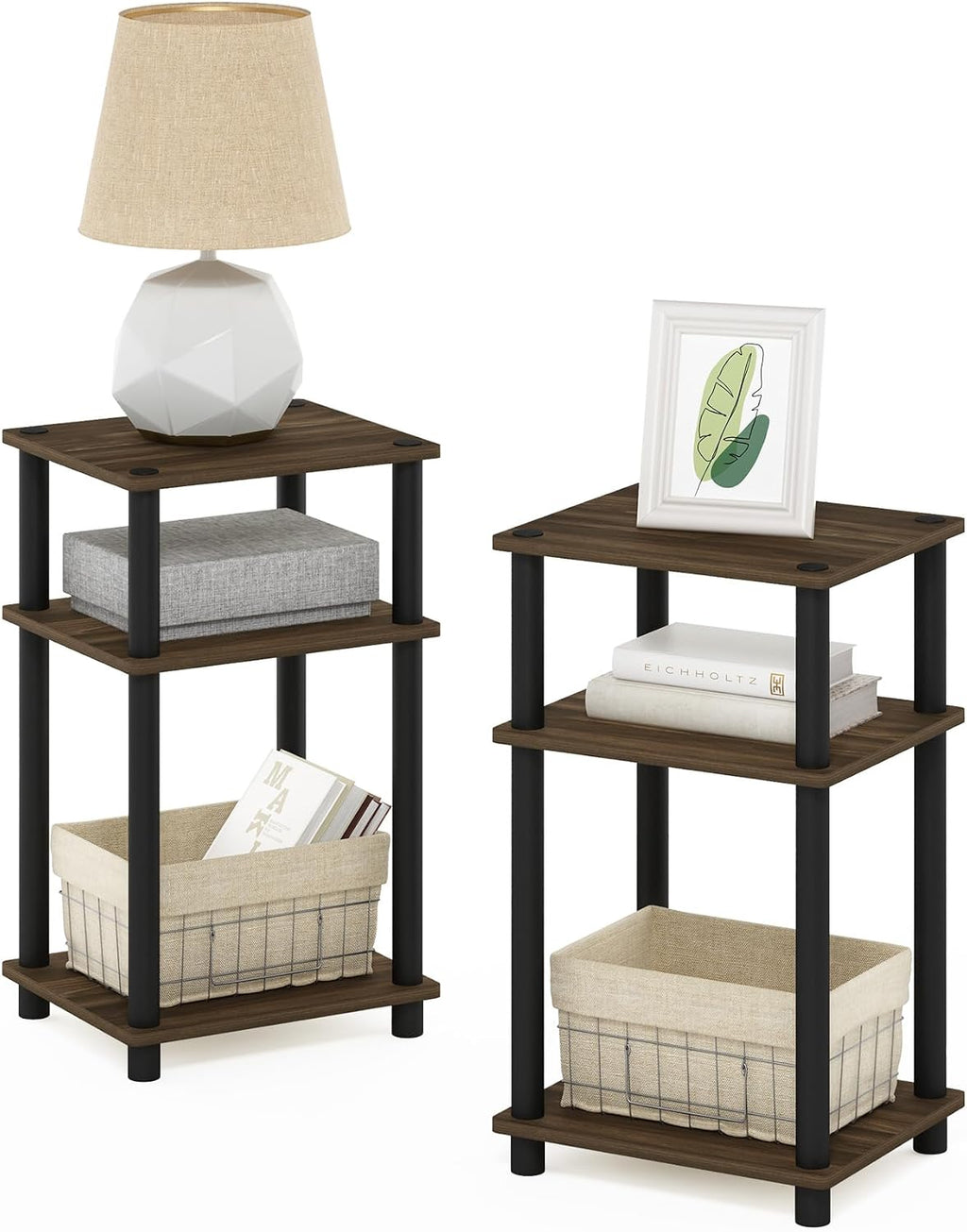 JUST Set of 2 Toolless 3-Tier Night Stand, Columbia Walnut