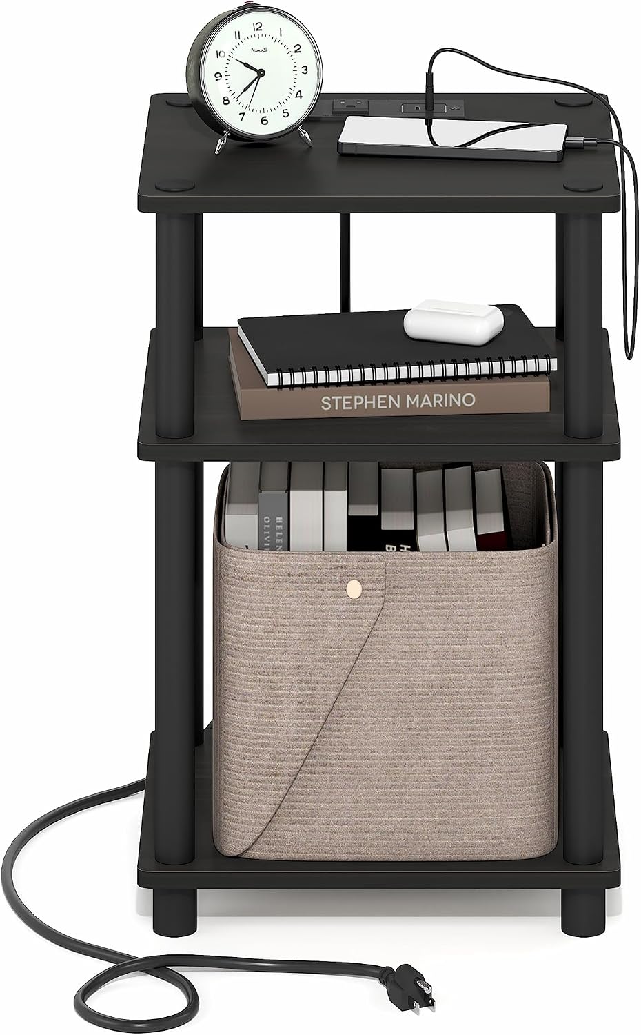 Just 3-Tier Charging Station Side Table, End Table, Black Espresso