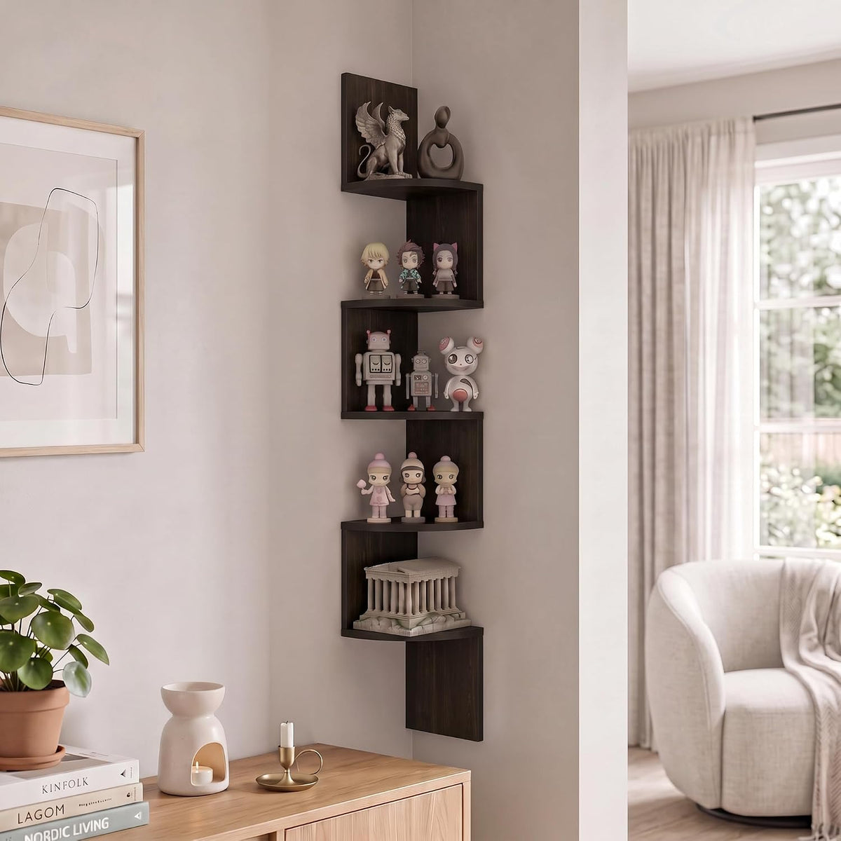Rossi 5-Tier Corner Floating Book Shelves for Wall, Espresso