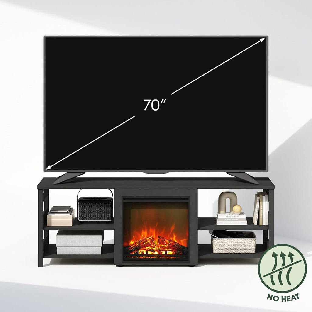 Jensen Fireplace TV Stand, NO Heat Decorative Electric Fireplace TV Stand for TV up to 70 Inch, with Open Storage, for Living Room, Americano