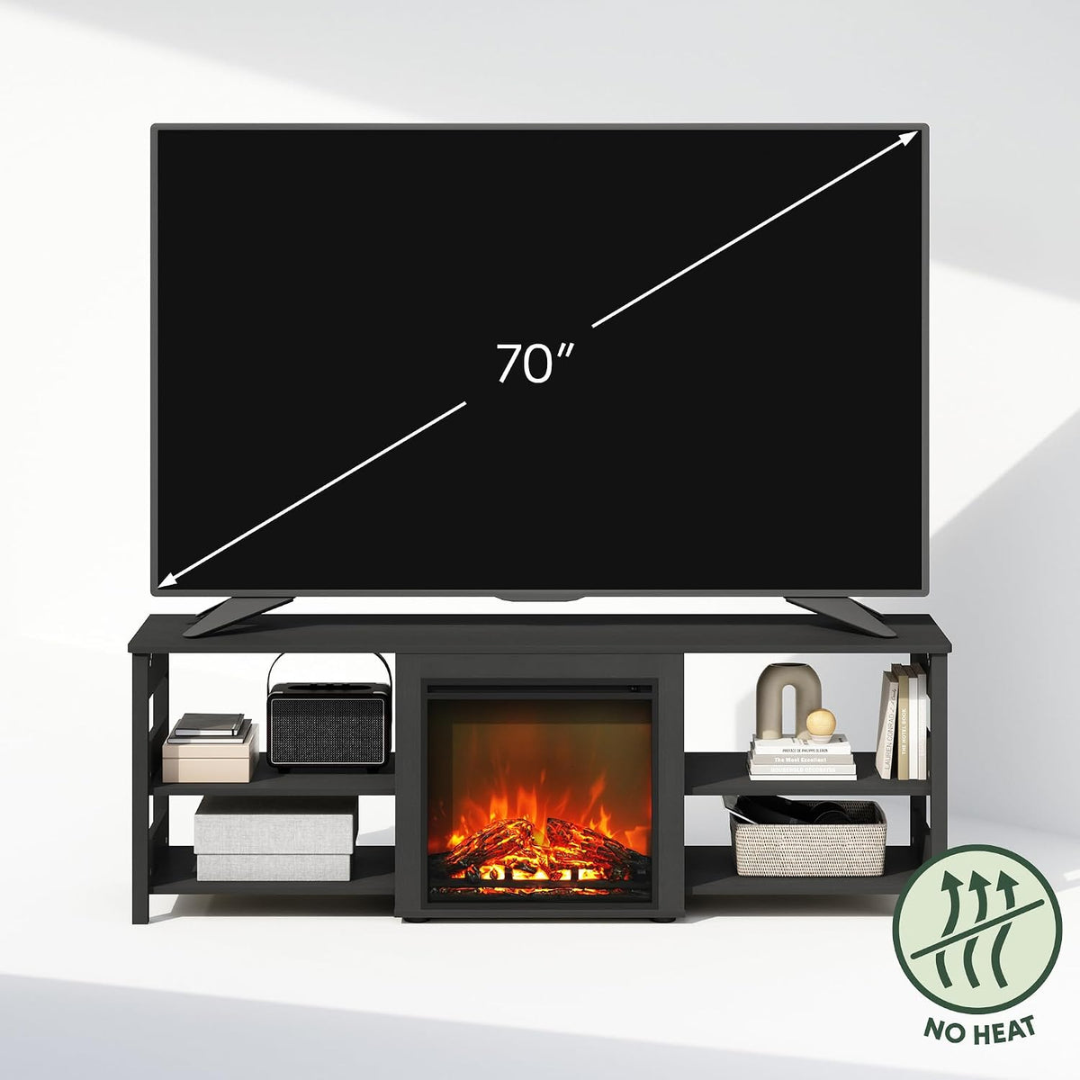 Jensen Fireplace TV Stand, NO Heat Decorative Electric Fireplace TV Stand for TV up to 70 Inch, with Open Storage, for Living Room, Americano