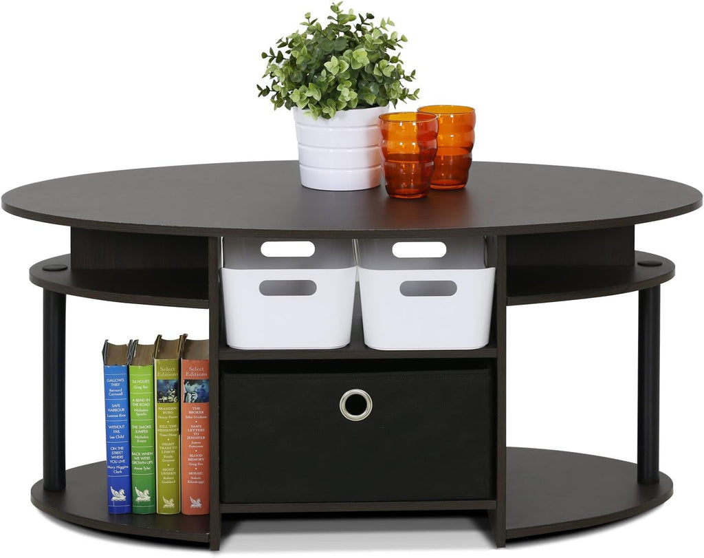 Jaya Simple Design Oval Coffee Table with Bin for Living Room, Walnut