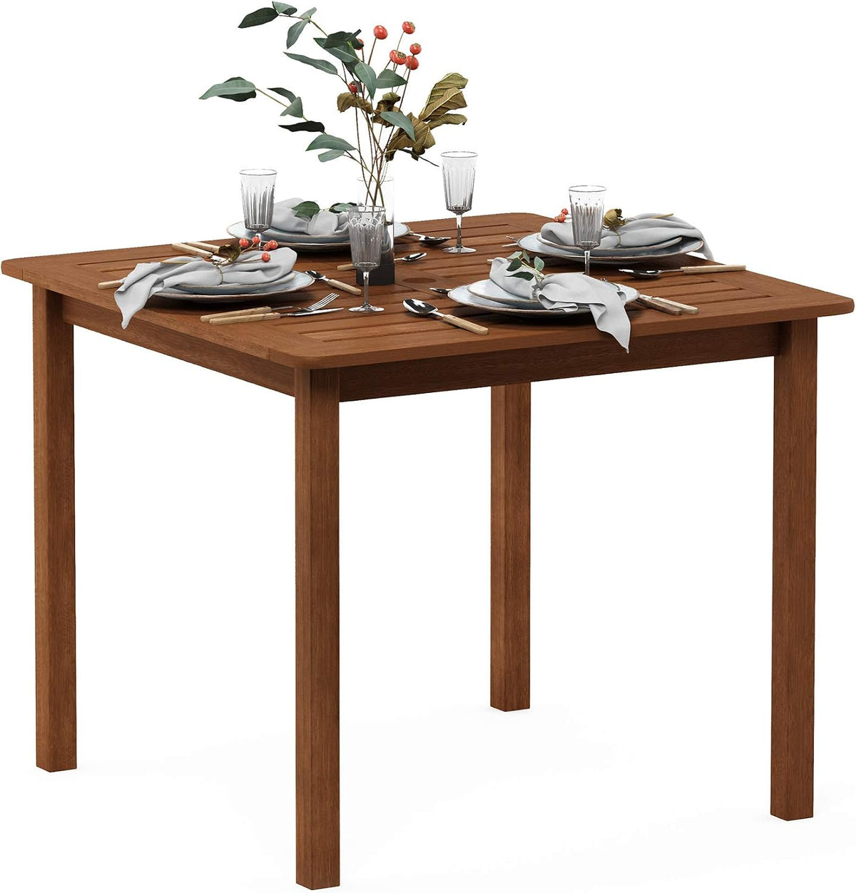FG18006 Tioman Hardwood Patio Furniture Square Table with Umbrella Hole, Natural, 35.4"D x 35.4"W x 29.2"H