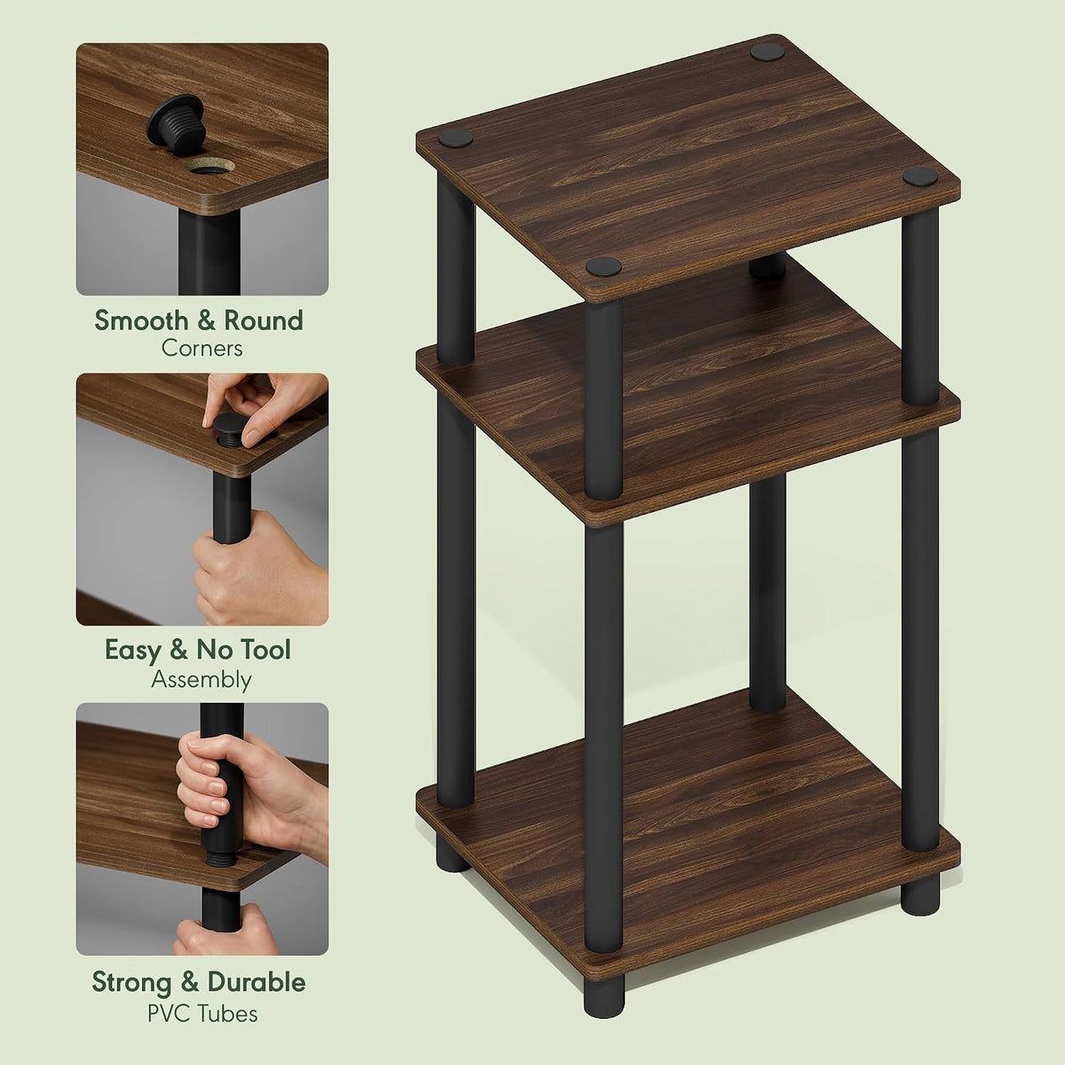 JUST Toolless 3-Tier Side Table, Open Shelf, Columbia Walnut