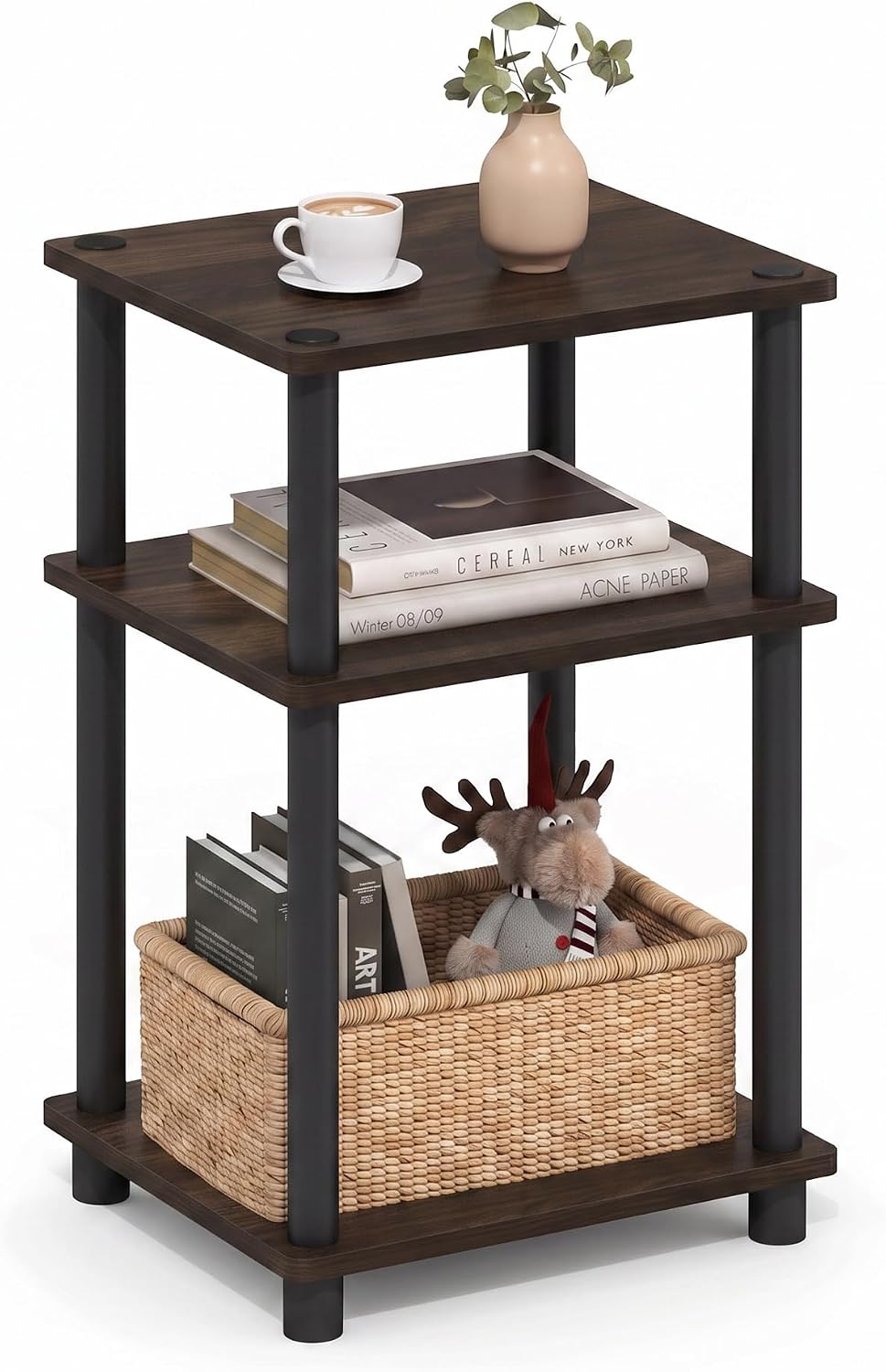 JUST Toolless 3-Tier Side Table, Open Shelf, Columbia Walnut