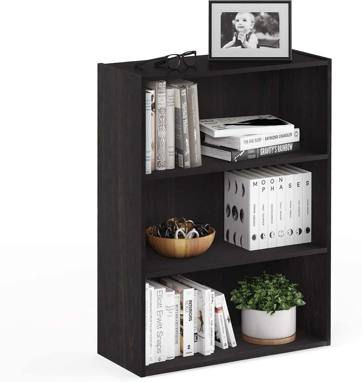 PASIR Book Shelf, 3-Tier Bookshelf, Storage Shelves Bookcase, 9.7 x 23.7 x 31.5, for Living Room, Bedroom, Home Office, Espresso
